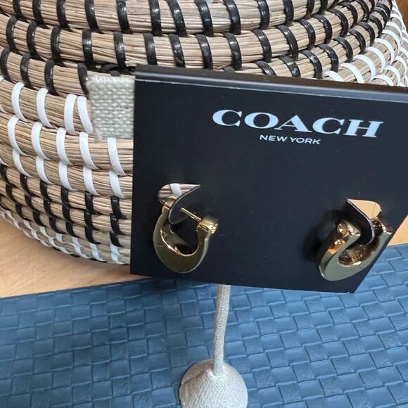 NWT Coach Signature Gold Lever Back Earrings With Crystal Stud Accents #TSER - Picture 5 of 8